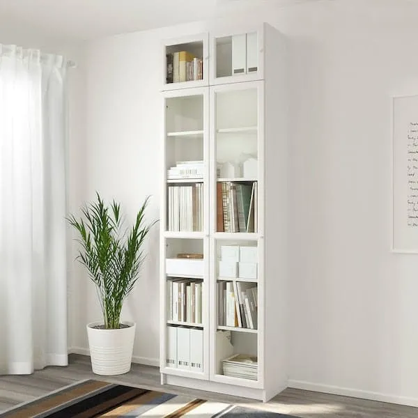 BILLY / OXBERG bookcase w height extension ut/drs, white/glass, 80x41x237 cm
