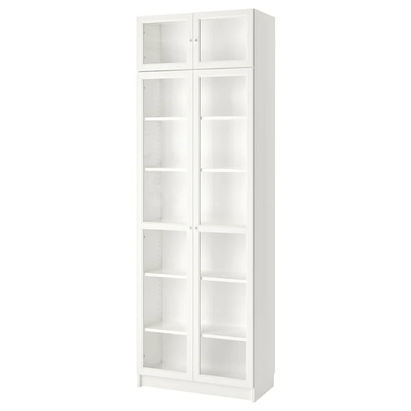 BILLY / OXBERG bookcase w height extension ut/drs, white/glass, 80x41x237 cm