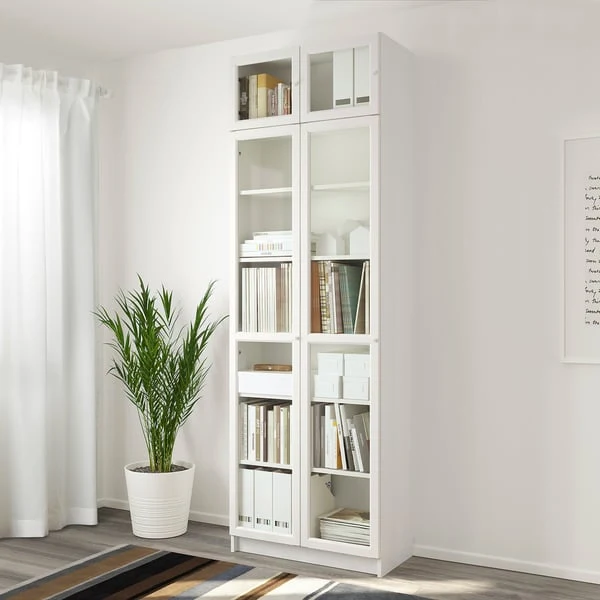 BILLY / OXBERG bookcase w height extension ut/drs, white/glass, 80x41x237 cm