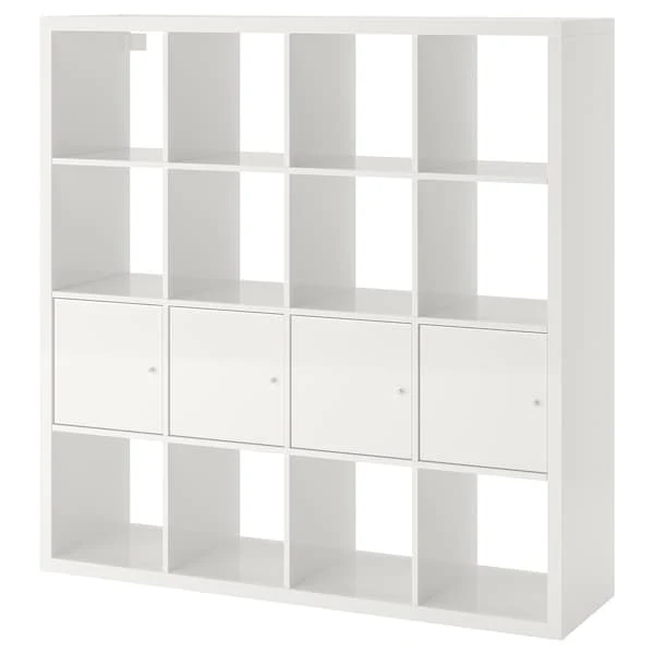 KALLAX shelving unit with 4 inserts, high-gloss/white, 147x147 cm
