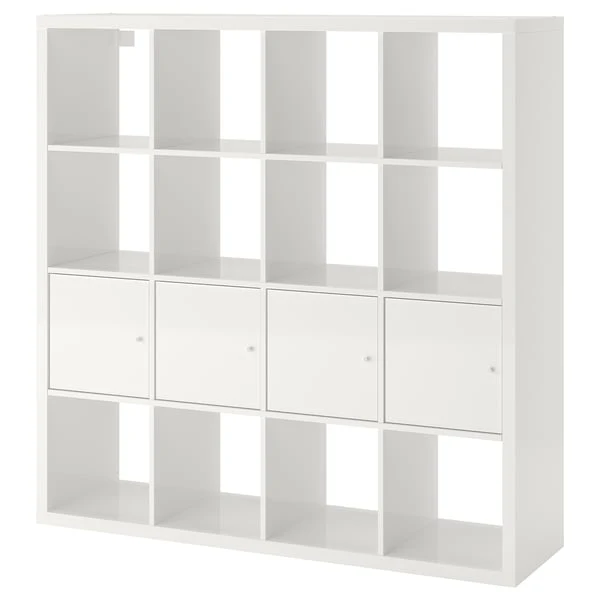 KALLAX shelving unit with 4 inserts, high-gloss/white, 147x147 cm
