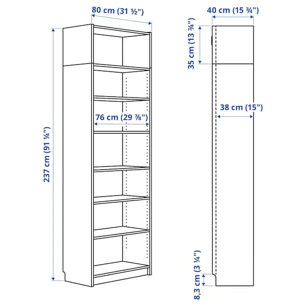 BILLY bookcase with height extension unit, white, 80x39x237 cm