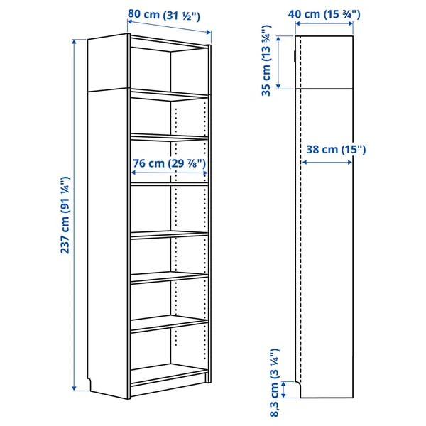 BILLY bookcase with height extension unit, white, 80x39x237 cm