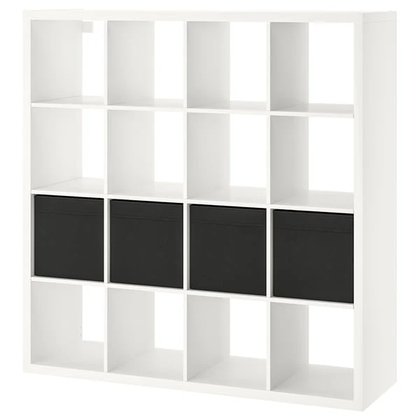 KALLAX shelving unit with 4 inserts, white, 147x147 cm