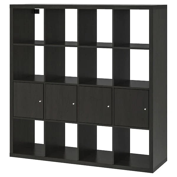 KALLAX shelving unit with 4 inserts, black-brown, 147x147 cm