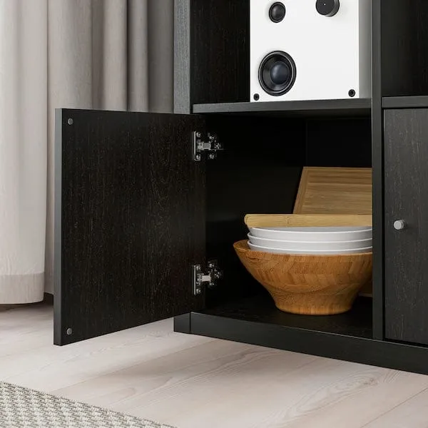 KALLAX shelving unit with 4 inserts, black-brown, 147x147 cm