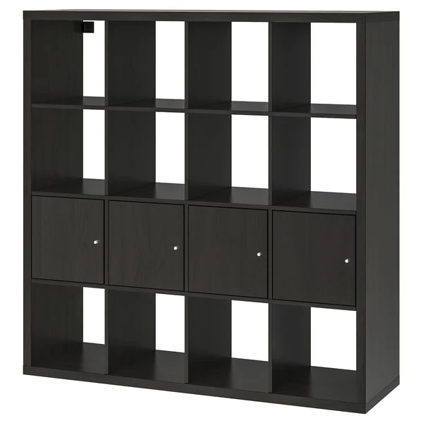 KALLAX shelving unit with 4 inserts, black-brown, 147x147 cm