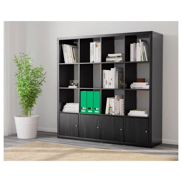 KALLAX shelving unit with 4 inserts, black-brown, 147x147 cm