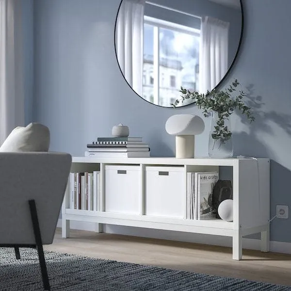 KALLAX shelving unit with underframe, white/white, 147x59 cm