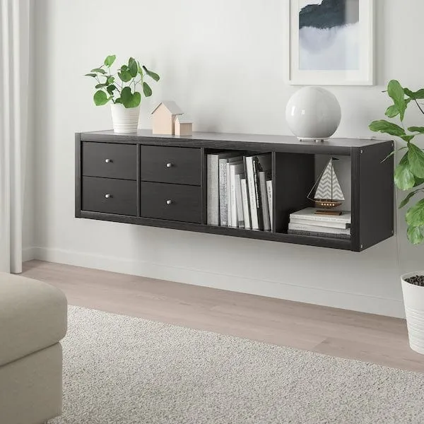 KALLAX shelving unit with 2 inserts, with 4 drawers/black-brown, 147x42 cm