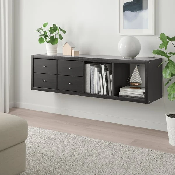 KALLAX shelving unit with 2 inserts, with 4 drawers/black-brown, 147x42 cm