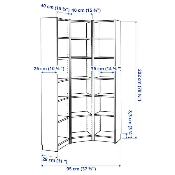 BILLY bookcase combination/crnr solution, white, 95/95x28x202 cm