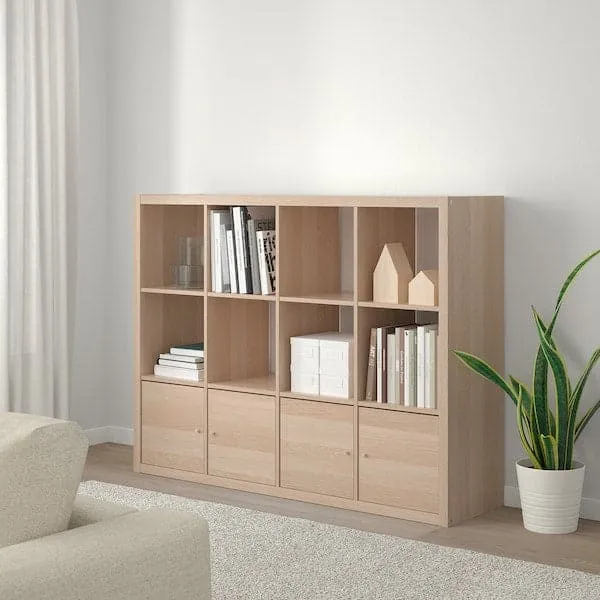 KALLAX shelving unit with 4 inserts, white stained oak effect, 147x112 cm