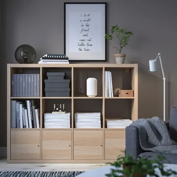 KALLAX shelving unit with 4 inserts, white stained oak effect, 147x112 cm