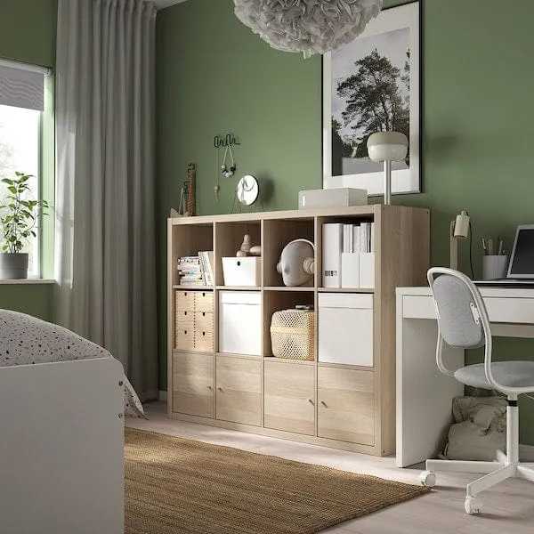 KALLAX shelving unit with 4 inserts, white stained oak effect, 147x112 cm