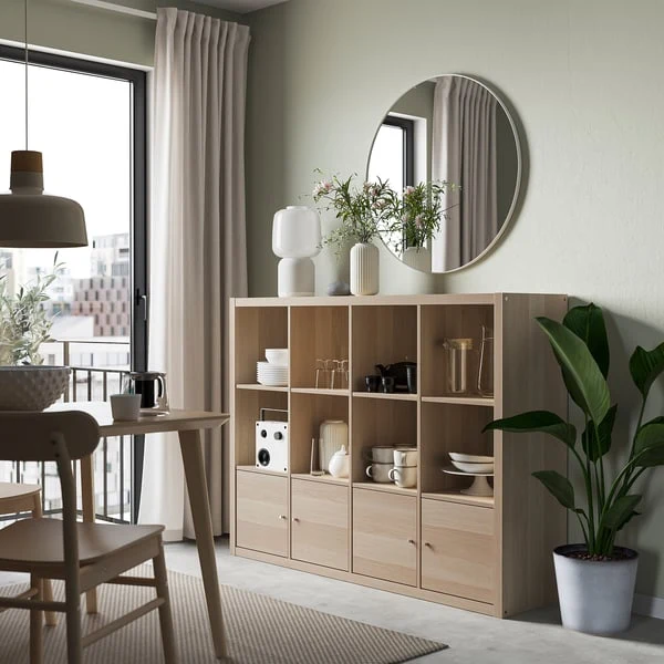 KALLAX shelving unit with 4 inserts, white stained oak effect, 147x112 cm
