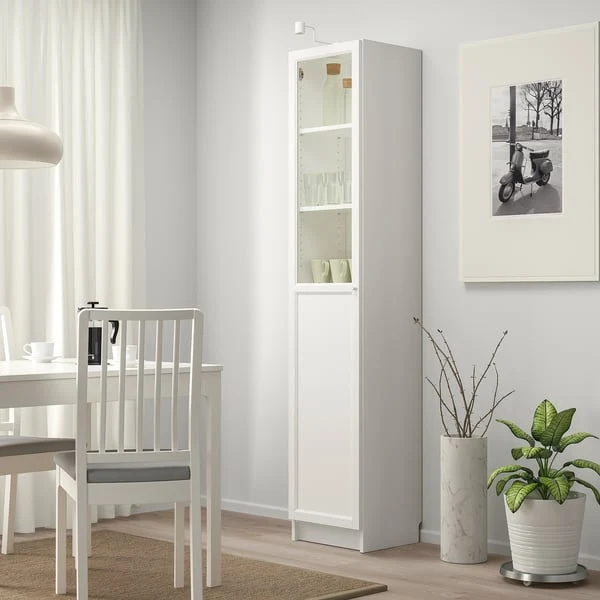 BILLY / OXBERG bookcase with panel/glass door, white/glass, 40x41x202 cm