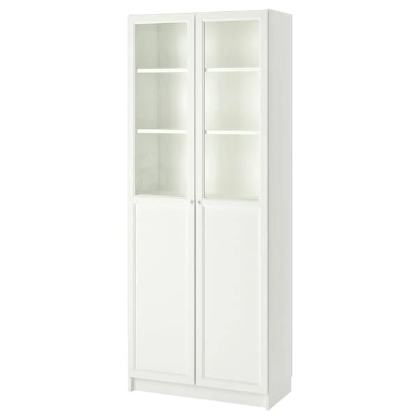 BILLY / OXBERG bookcase with panel/glass doors, white, 80x41x202 cm