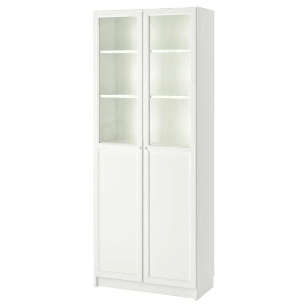 BILLY / OXBERG bookcase with panel/glass doors, white, 80x41x202 cm