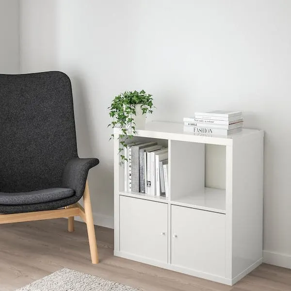 KALLAX shelving unit with doors, high-gloss/white, 77x77 cm