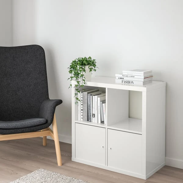KALLAX shelving unit with doors, high-gloss/white, 77x77 cm