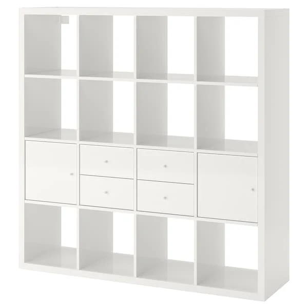 KALLAX shelving unit with 4 inserts, high-gloss/white, 147x147 cm