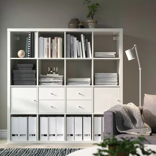 KALLAX shelving unit with 4 inserts, high-gloss/white, 147x147 cm