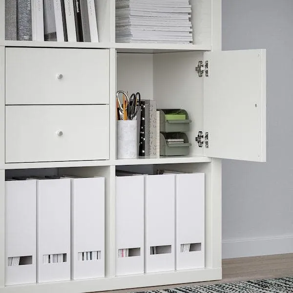 KALLAX shelving unit with 4 inserts, high-gloss/white, 147x147 cm