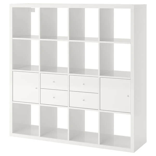 KALLAX shelving unit with 4 inserts, high-gloss/white, 147x147 cm