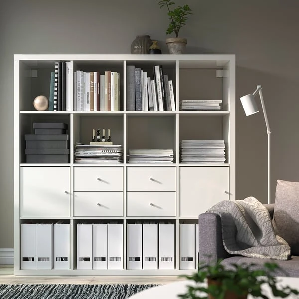 KALLAX shelving unit with 4 inserts, high-gloss/white, 147x147 cm
