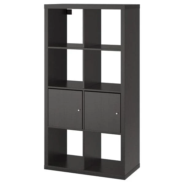 KALLAX shelving unit with doors, black-brown, 77x147 cm