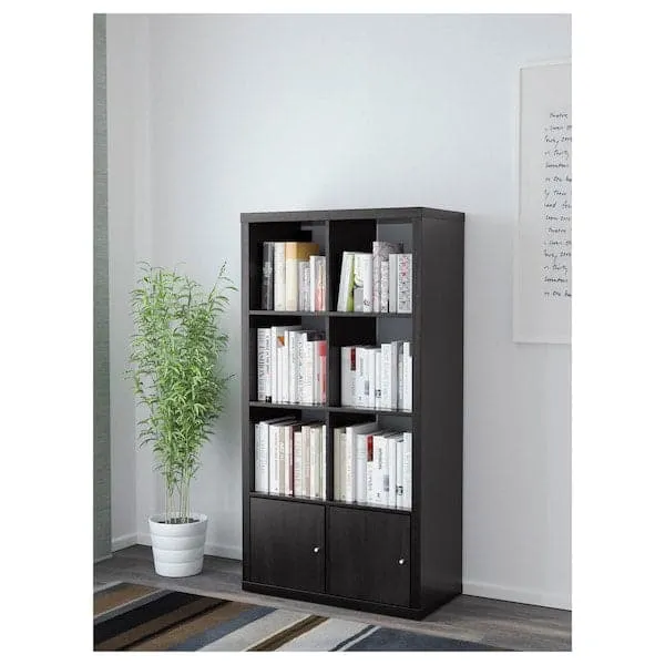 KALLAX shelving unit with doors, black-brown, 77x147 cm