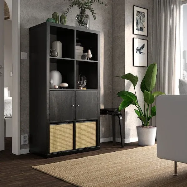 KALLAX shelving unit with doors, black-brown, 77x147 cm