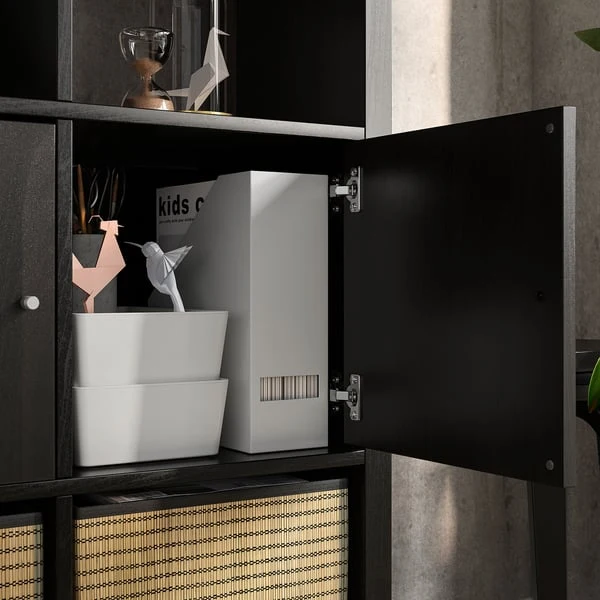 KALLAX shelving unit with doors, black-brown, 77x147 cm