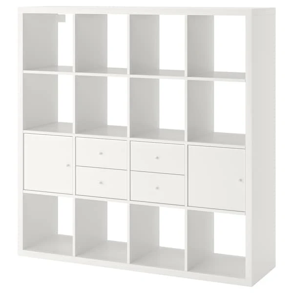 KALLAX shelving unit with 4 inserts, white, 147x147 cm