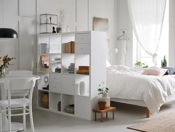 KALLAX shelving unit with 4 inserts, white, 147x147 cm