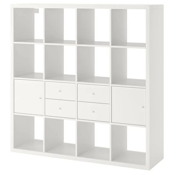KALLAX shelving unit with 4 inserts, white, 147x147 cm