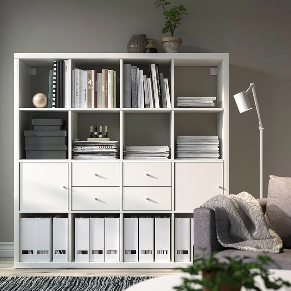 KALLAX shelving unit with 4 inserts, white, 147x147 cm