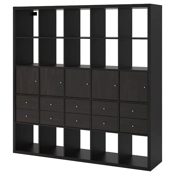 KALLAX shelving unit with 10 inserts, black-brown, 182x182 cm