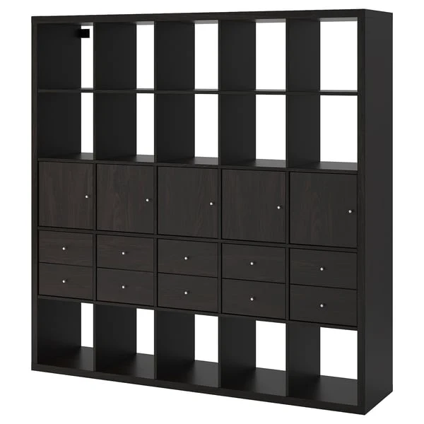 KALLAX shelving unit with 10 inserts, black-brown, 182x182 cm