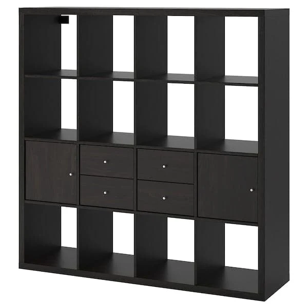 KALLAX shelving unit with 4 inserts, black-brown, 147x147 cm