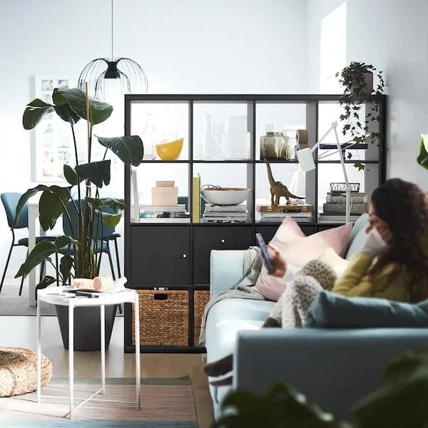 KALLAX shelving unit with 4 inserts, black-brown, 147x147 cm
