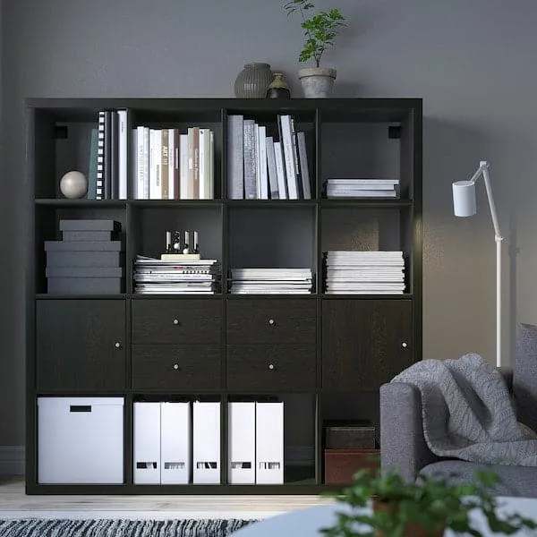 KALLAX shelving unit with 4 inserts, black-brown, 147x147 cm