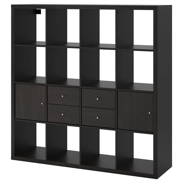 KALLAX shelving unit with 4 inserts, black-brown, 147x147 cm